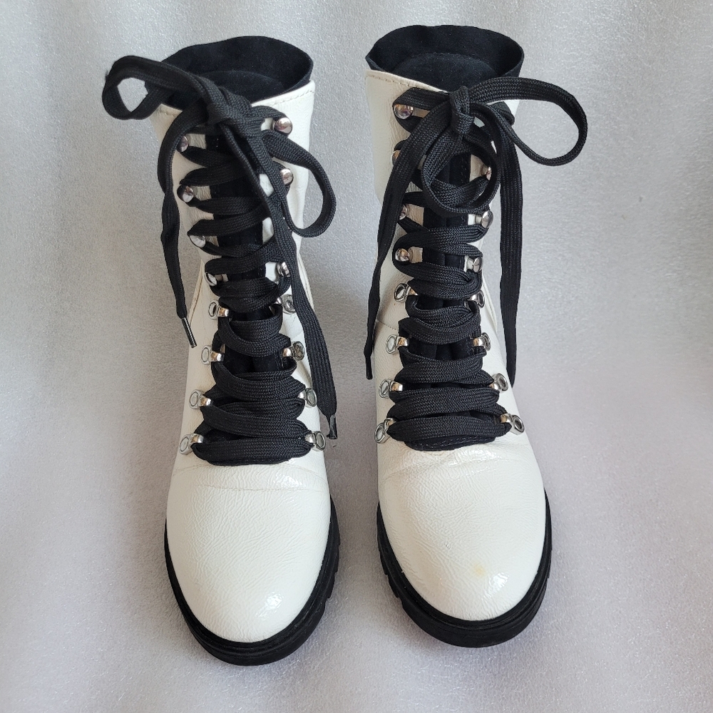 White Patent Leather Block Heel Combat Boots Kendall & Kylie Spencer Boot Size 7 - Picture 3 of 12